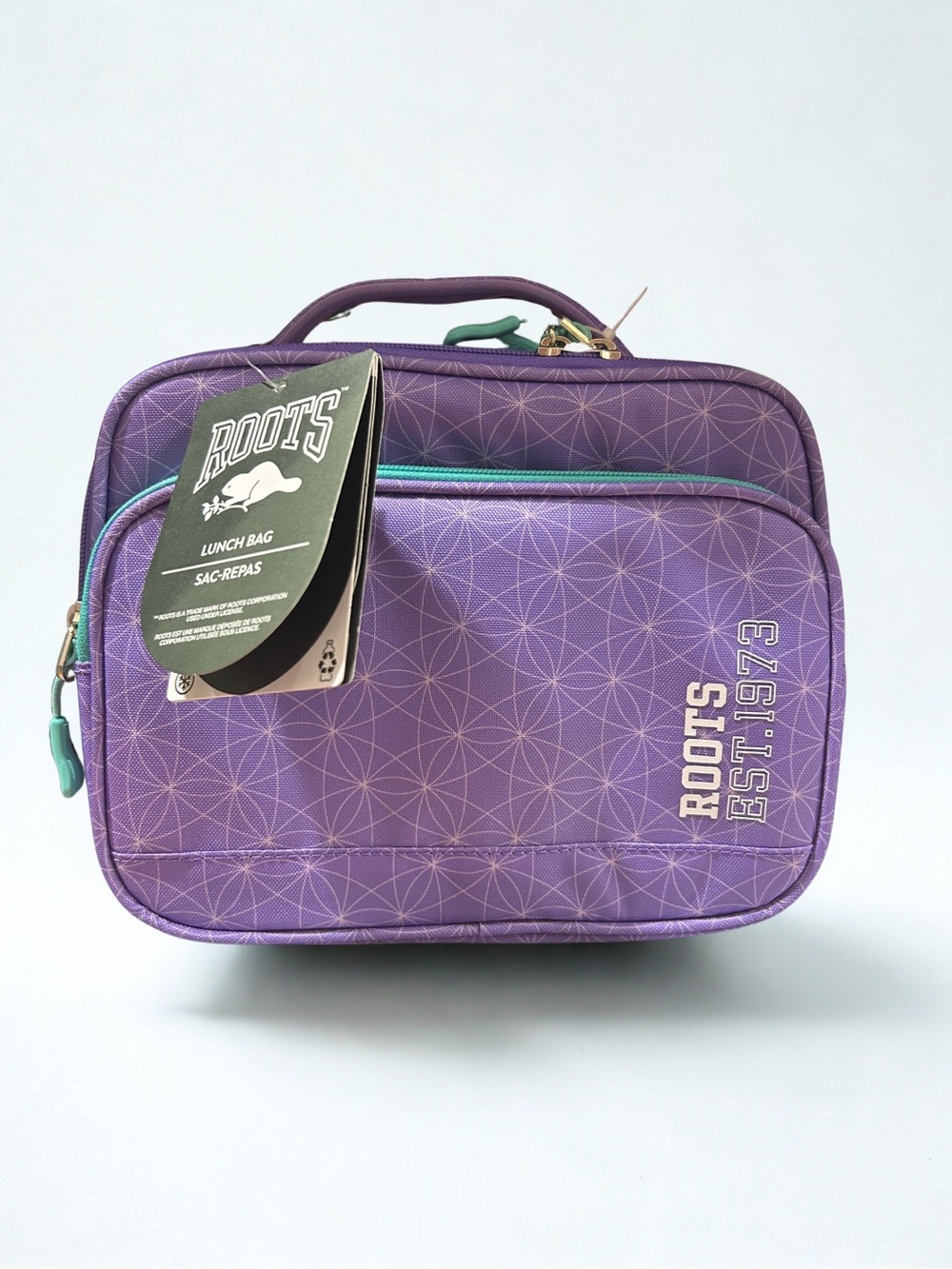Roots Purple Geometric Lunch Bag with Teal Accents